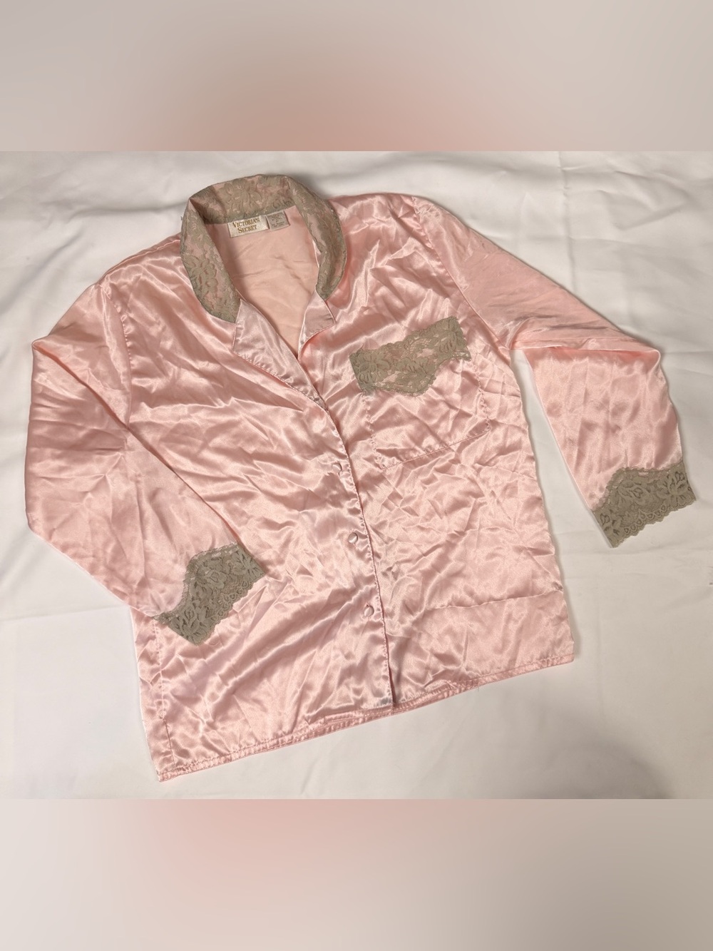 Victoria's Secret Gold Label Satin Pj Top Lace Trim Blush Pink Petite Vintage